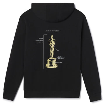 Men's Women's Adult Black hoodie with a gold Oscar statue design on the back against a white background